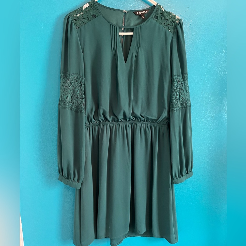 Express Dark Green Long-Sleeve Dress with Lace Insets
